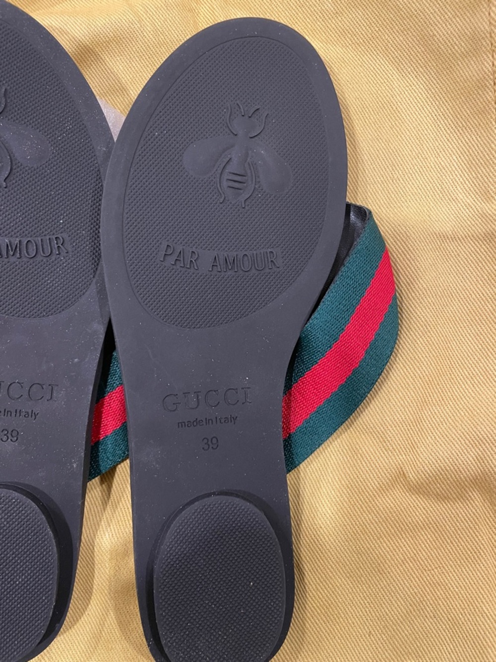 Gucci Green and Red Web Stripe Logo Slip-On Sandals - Picture 3 of 5